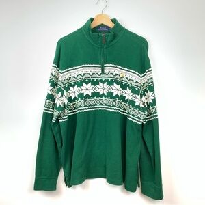 Polo Ralph Lauren Sweater Estate Rib XL Green Fair Isle Snowflake 1/4 Zip Preppy